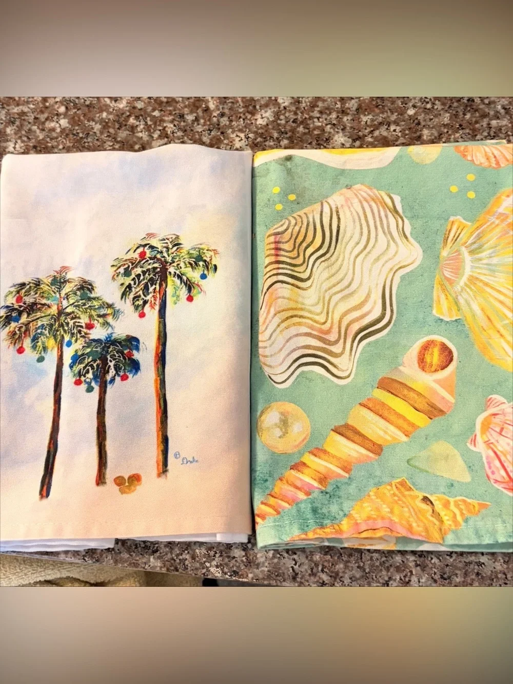 Palm Tree and Seashell Tea Towels Aqua, White, Yellow